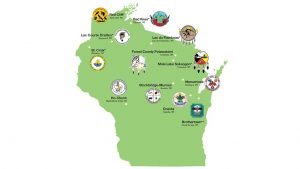 Map of Wisconsin with official seals and seats of government of the 11 recognized and one unrecognized American Indian Nations: Ojibwe Nation: St. Croix, Lac Courte Oreilles, Red Cliff, Bad River, Lac du Flambeau, and Mole Lake Sokaogon; Forest County Potawatomi; Menominee; Brothertown; Oneida; Stockbridge-Munsee; Ho-Chunk