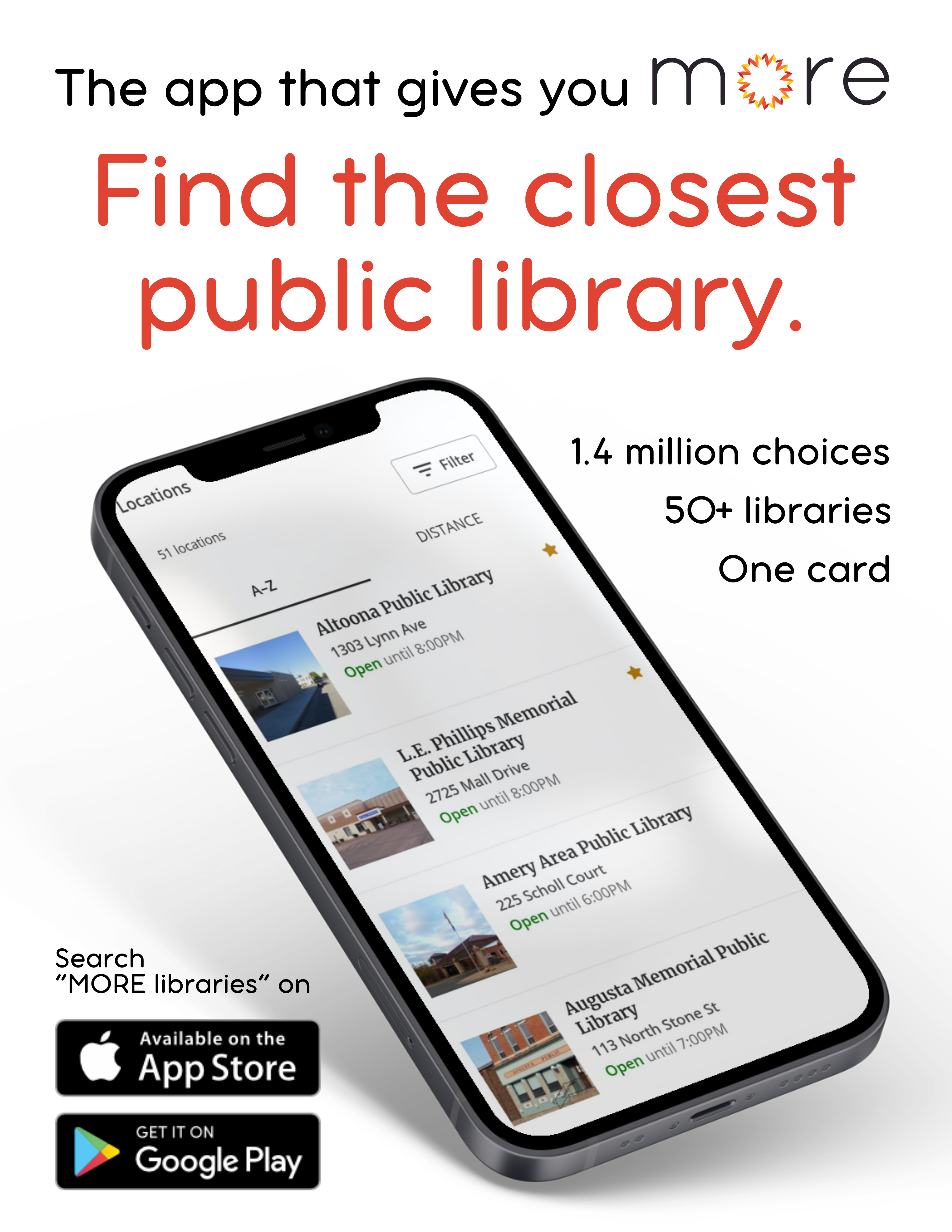 Find the closest public library with the MORE app