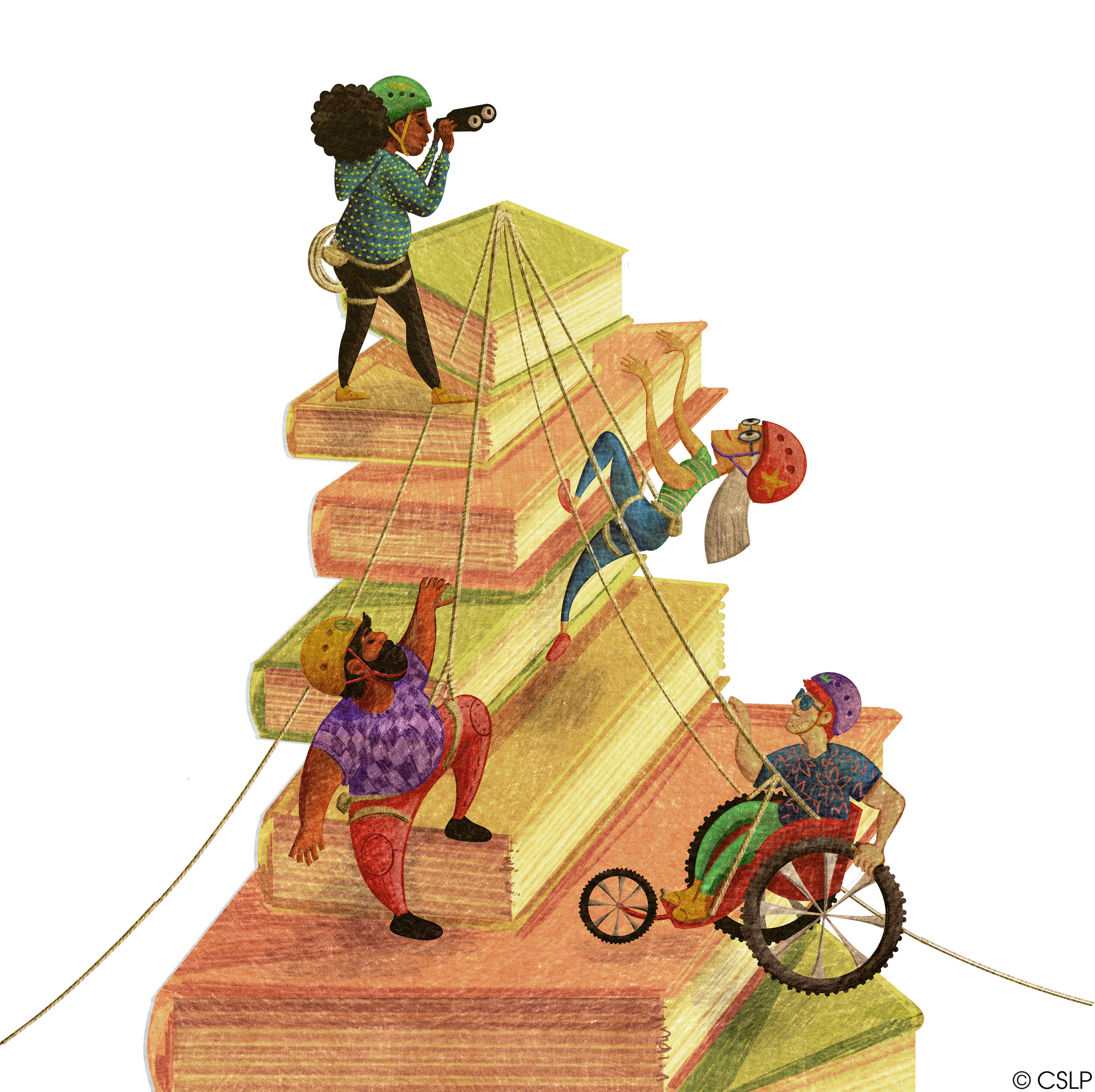 four racially diverse people climbing a mountain of books: one in a wheelchair, one with a telescope, two using ropes to climb