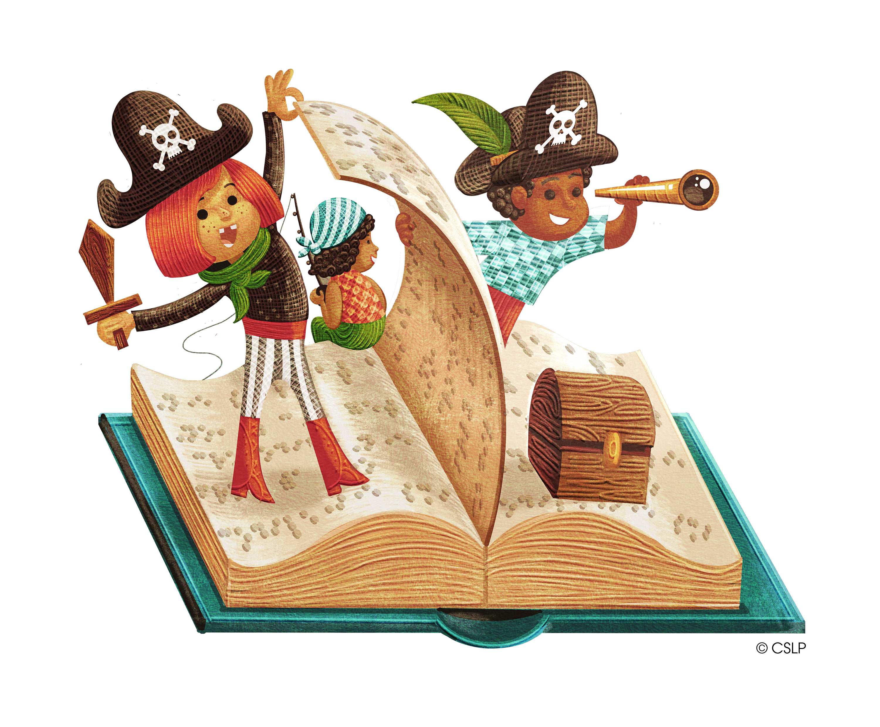 Three children dressed as pirates sailing on a giant book.