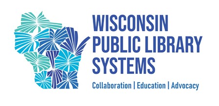 Wisconsin Public Library Systems Logo with a stylized image of the Wisconsin state map, made up of starbursts/books. Tagline says Collaboration, Education, Advocacy