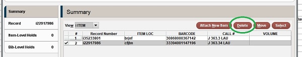 Item to be deleted is selected and the Delete button is indicated