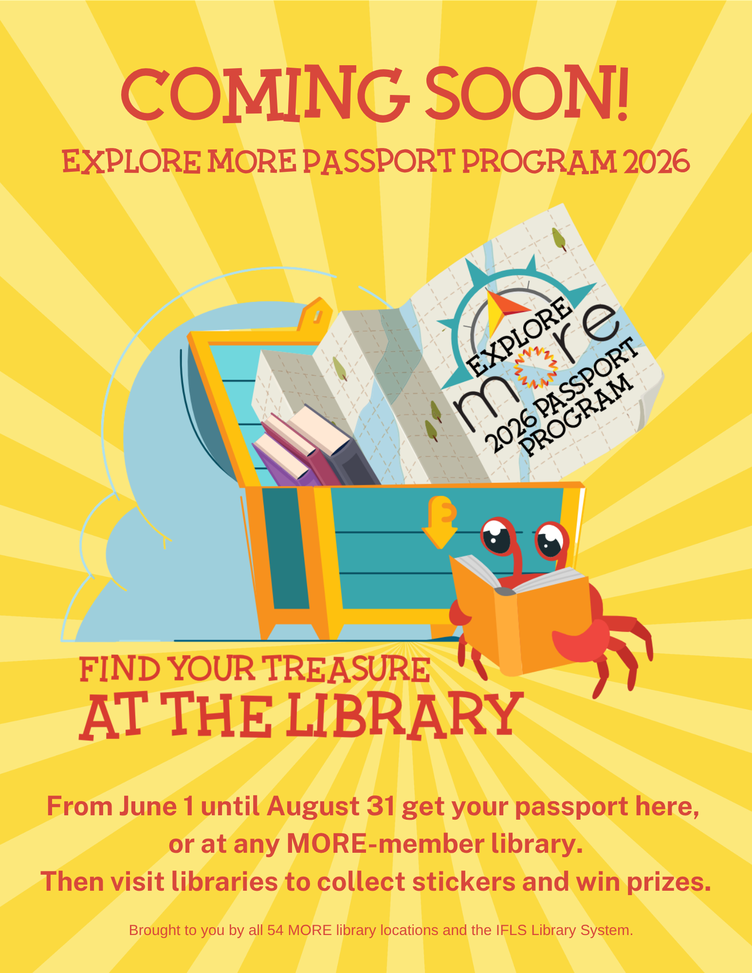 Coming soon poster, June 1 to Aug 31 at all MORE-member libraries with brand image