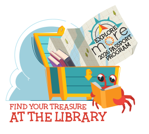 A treasure chest with books and a map behind a crab reading a book: Find your treasure at the library